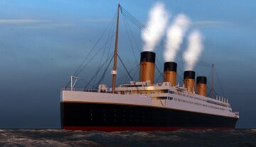 Model generat pe calculator cu vaporul Titanic, ocean și cer, abur din vapor. Experții au vorbit despre de ce s-ar fi scufundat Titanicul