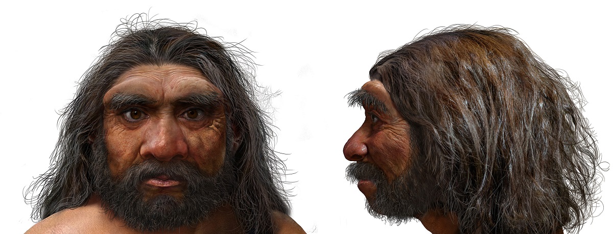 Față și craniu Homo longi, omul dragon, descoperit în China. Bărbat cu barbă și păr lung, pe fundal alb