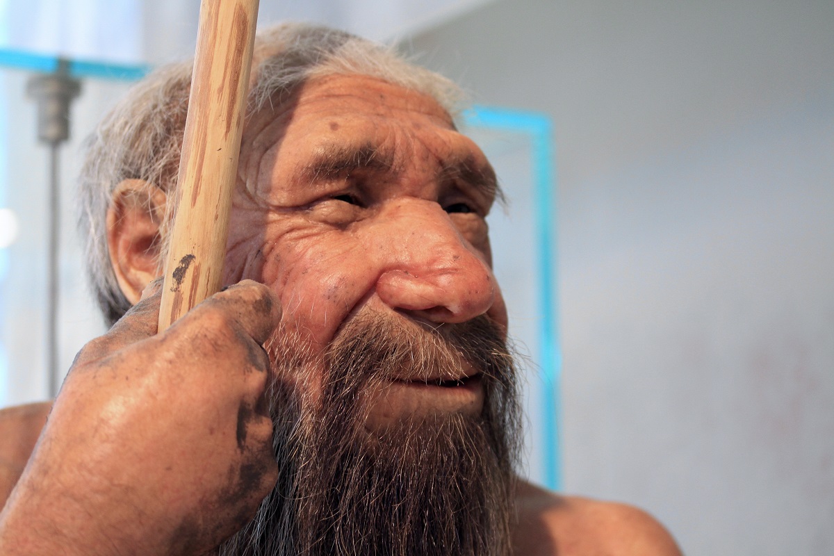 Figurină om preistoric, strămoș al omului. Are barbă lungă și e rezemat de un bâț