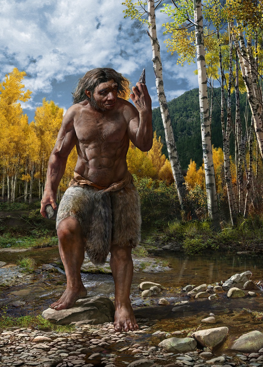 Homo longi, omul dragon, schiță cu el în natură. Poartă fustă de blană și se află în pădure