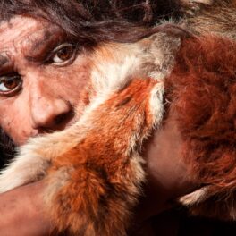 Om de Neanderthal, îmbrăcat în blană de culoare portocalie. Face parte din un grup de oameni antici