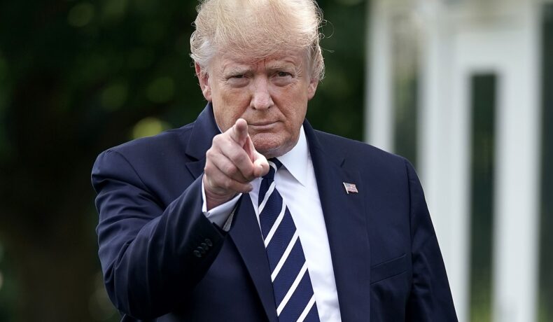 Donald Trump, fotografiat în fața Casei Albe, în iulie 2019. Poartă un costum albastru închis, cravată în dungi și arată cu degetul la cameră