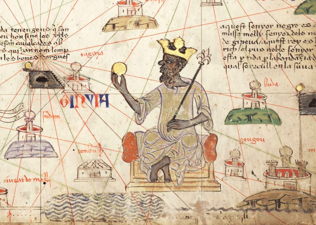 Desen cu Mansa Musa, cel mai bogat om din istorie, și o hartă cu ce a reușit să facă de-a lungul timpului. Poartă o coroană de aur