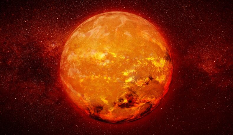 Imagine cu o stea roșie pitică, în nuanțe de portocaliu și roșu închis. Planeta „infernală” pe care plouă cu fier se află la sute de ani lumină de Pământ