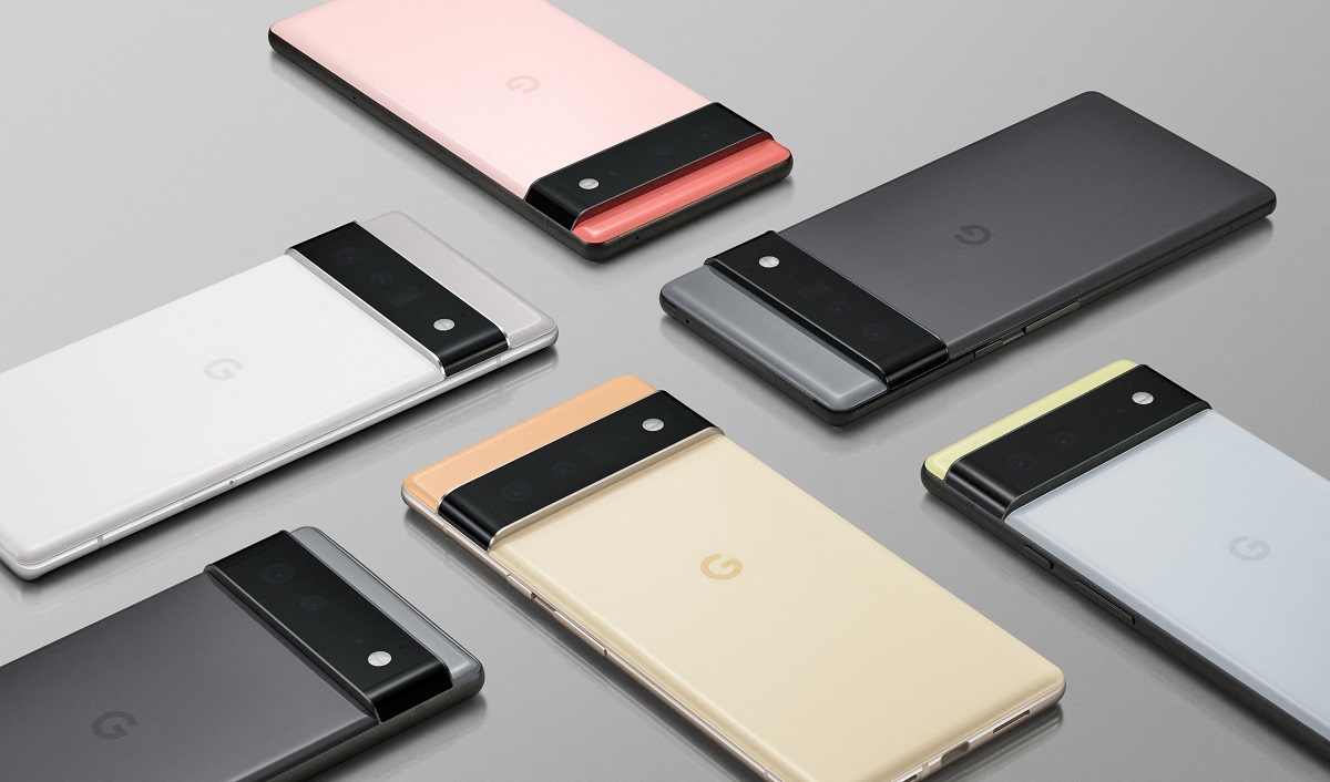 Telefoane Google Pixel 6, pe un fundal gri. Telefoanele au culori galbenă, roz, neagră și albastră. Există mai multe alternative pentru Google Pixel 6