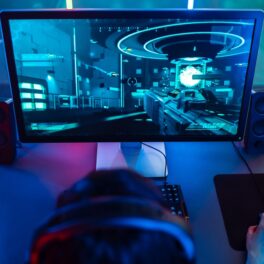 Persoană care se joacă un joc video pe un monitor cu ecran albastru. Pe fundal se văd culori albastre și mov. Philips Monitors a impresionat la CES 2022