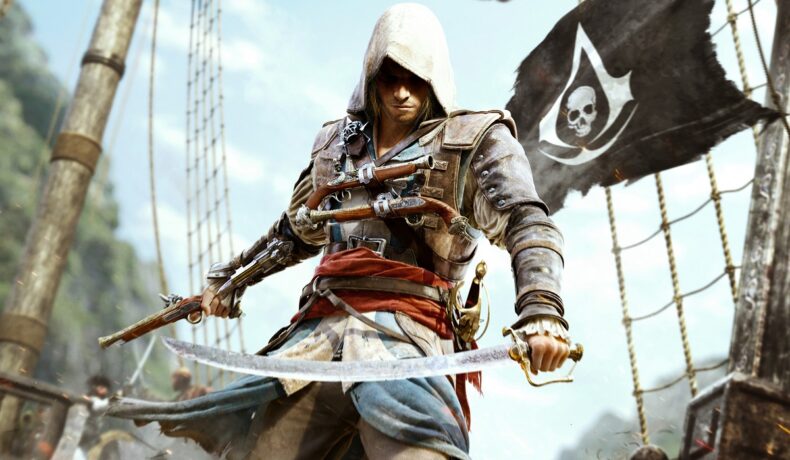 Personaj assassins Creed pe o barcă, steag în spate. Trilogia Assassin's Creed Chronicles poate fi descărcată gratuit pentru un timp scurt. Până când poți accesa jocurile