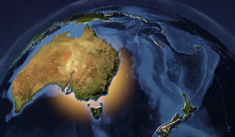 Hartă cu Pământul, care arată Australia și Noua Zeelandă. Al optulea continent ascuns al Pământului, Zealandia, e ascuns 94% sub apă