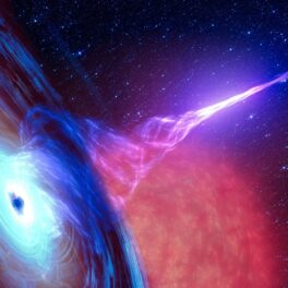 Imagine digitală cu o gaură neagră, în nuanțe de negru, roșu, roz și albastru. Găsirea unei găuri negre se numără printre cele mai impresionante descoperiri științifice din 2021