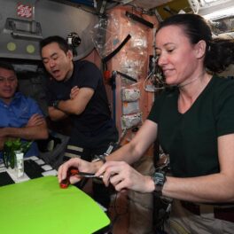Astronaută, în microgravitație, care degustă adei iuți crescuți pe SSI, cu un tocător verde. Ardeii au fost crescuți în experimentul cu care NASA a doborât două recorduri mondiale