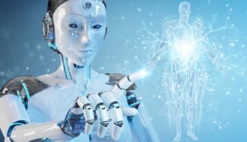 Imagine cu un robot umanoid alb, diferit de Ameca, ce are mâna ridicată, cu degetul îndreptat spre figura unui om. Fundal cu albastru