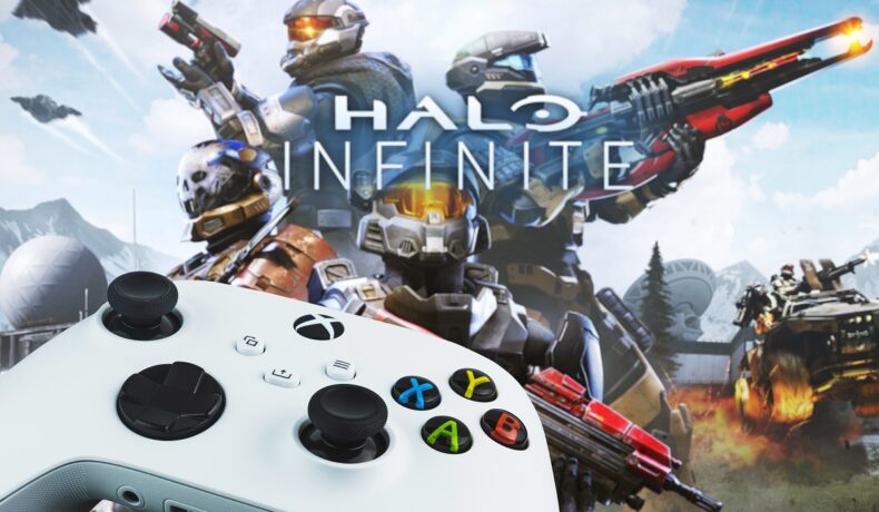 Imagine cu jocul Halo Infinite, cu un controller de consolă alb de Xbox în față. Scgimbările Halo Infinite au încântat fanii