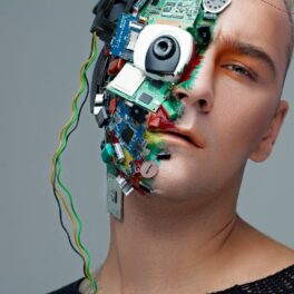 Imagine cu un om jumătate om, jumătate cyborg, pe fundal gri. O persoană și-a implantat 50 de cipuri, magneți și antene în corp