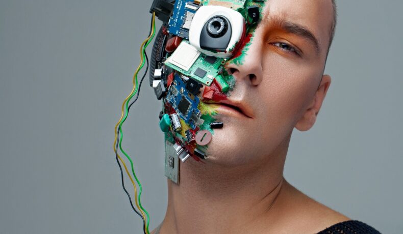 Imagine cu un om jumătate om, jumătate cyborg, pe fundal gri. O persoană și-a implantat 50 de cipuri, magneți și antene în corp