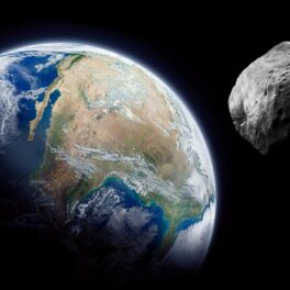 Imagine cu planeta Pământ și un asteroid care se îndreaptă către ea, pe un fundal negru. Un asteroid va ajunge în orbita Pământului în curând