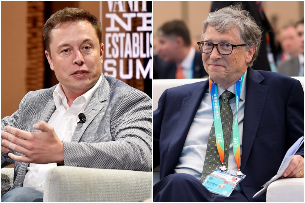 Colaj Elon Musk și Bill Gates, unii dintre cei mai bogați oameni din lume, care stau în fotolii