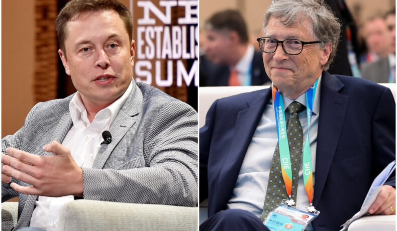 Colaj Elon Musk și Bill Gates, unii dintre cei mai bogați oameni din lume, care stau în fotolii