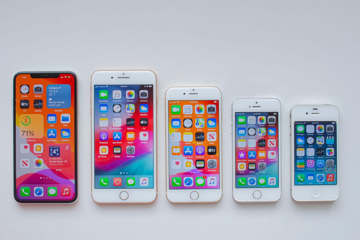 Imagine care arată evoluția telefoanelor iphone din anul 2007, pe fundal alb
