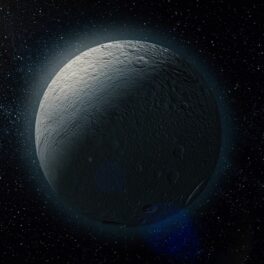 Mimas, luna planetei Saturn, gri pe un fundal negru