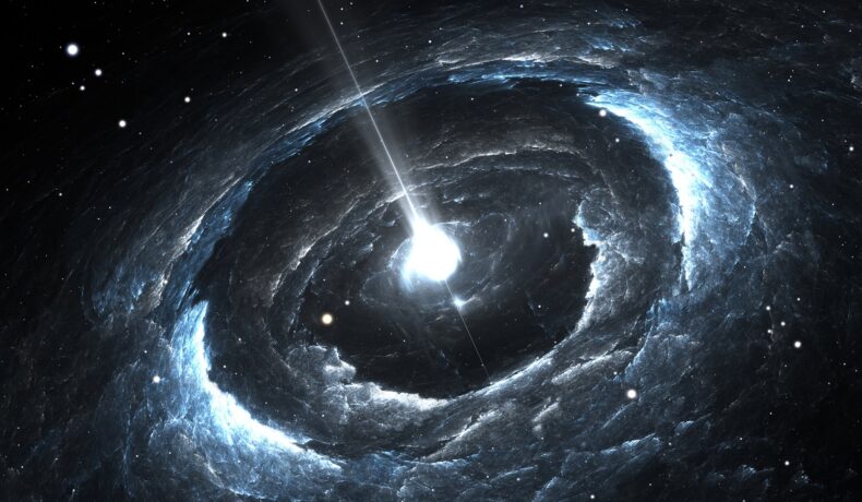 Stea neutronică, precum obiectul spațial misterios care transmite semnale radio la fiecare 18 minute, de culoare albastră, pe fundal negru
