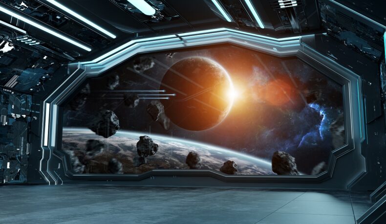 Imagine digitală cu o stație spațială care se află în fața unei planete, cu o stea în spate. Primul studio de film din spațiu ar putea fi deschis în 2024