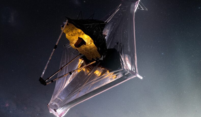 Ilustrație cu telescopul James Webb, în spațiu. Scutul solar al telescopului James Webb se vede în imagine