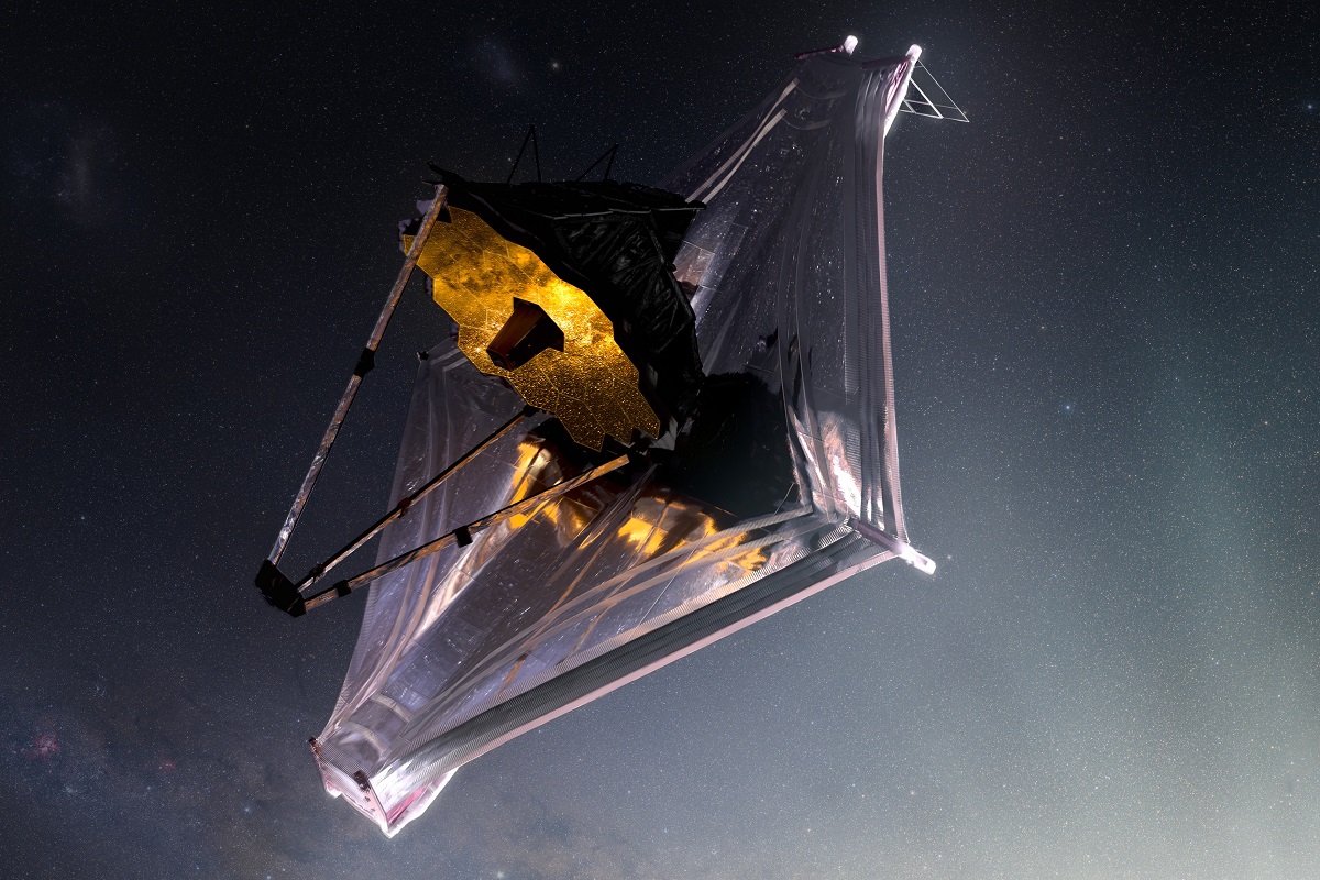 Ilustrație cu telescopul James Webb, în spațiu. Scutul solar al telescopului James Webb se vede în imagine