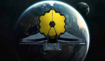 Imagine compusă cu telescopul James Webb, în spațiu, cu Pământul în spate. Telescopul James Webb e acum funcțional și a dezvăluit primele imagini color