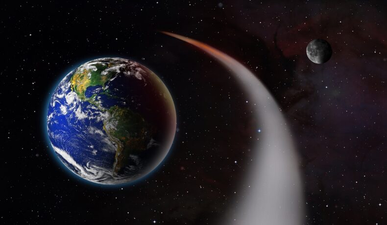 Imagine cu un asteroid uriaș care va trece pe lână Pământ. Fundal negru, imagine cu Pământul, luna și asteroidul