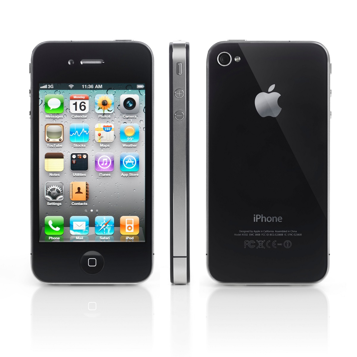 iPhone 4, pe fundal alb, față, spate și lateral