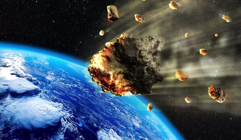 Un asteroid care se îndreaptă către Pământ, pe fundal negru, similar cu asteroidul care a ucis dinozaurii, ce s-ar fi izbit de Pământ primăvara