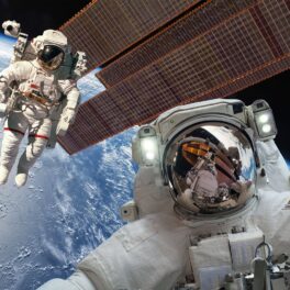 Doi astronauți, lângă Stația Spațială Internațională, în spațiu, cu Pământul pe fundal. Acolo vor ajunge și astronauții amatori care au plătit câte 55 de milioane de dolari pentru misiune
