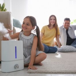 Familie care stă într-o cameră și se joacă cu un purificator de aur. Unele gadgeturi pentru casă inedite pe care le poți cumpăra în 2022 include și un purificator de aer