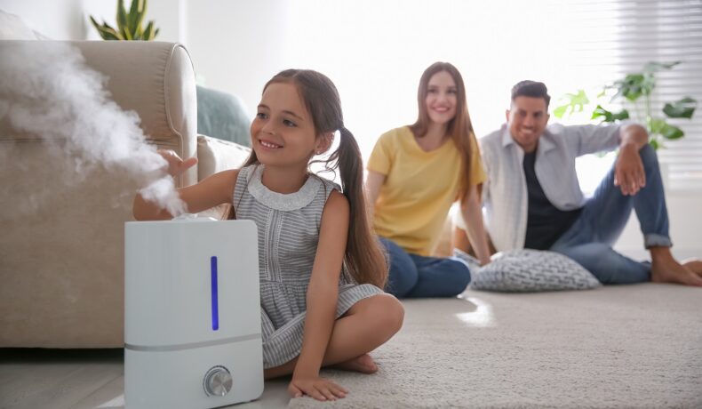Familie care stă într-o cameră și se joacă cu un purificator de aur. Unele gadgeturi pentru casă inedite pe care le poți cumpăra în 2022 include și un purificator de aer