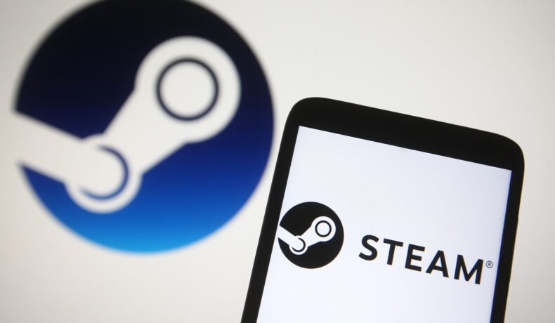 Logo-ul Steam, cu un telefon cu Steam pe ecran, pe fundal alb. Lost Ark a devenit al doilea cel mai jucat joc de pe platforma Steam