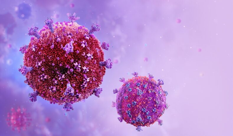O variantă a virusului HIV, pe un fundal mov, cu virusul roșu