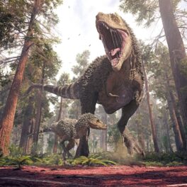 Dinozaur T.Rex mare cu un dinozaur mai mic lângă, într-o pădure preistorică. Un nou studiu rescrie adevărul despre T.Rex