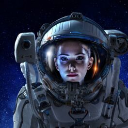Femeie astronaut, în costum, care poartă o cască, cu spațiu pe fundal. Experții au explicat de ce le permite NASA cosmonauților bărbați să stea mai mult în spațiu