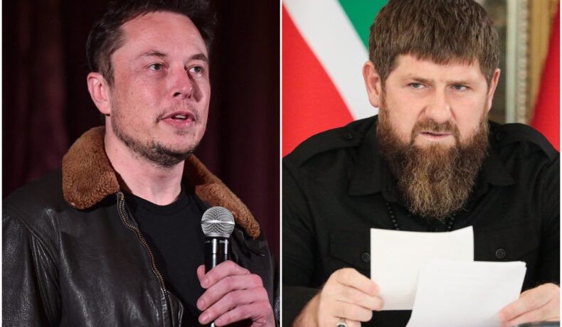 Colaj Elon Musk și Ramzan Kadîrov, ambii îmbrăcați în negru. Elon Musk și-a schimbat numele pe Twitter