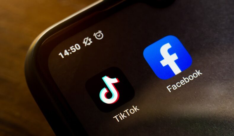 Aplicațiile TikTok și Facebook pe ecranul negru al unui telefon, cu fundal de lemn. Facebook ar fi plătit o firmă de consultanță să convingă utilizatorii să stea departe de TikTok