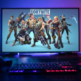 Ecran pe care apar personaje din jocul Fortnite, pe un birou, cu lumini albastre și roșii în spate. Fortnite a strâns recent 50 de milioane de dolari pentru refugiați