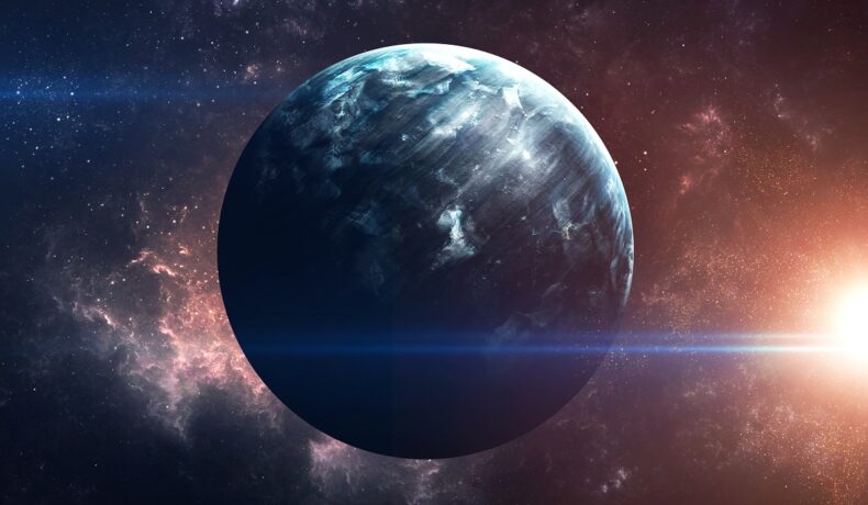 O planetă albastră, pe un cer întunecat, cu o lumină în colțul dreapta. Planeta 9 încă nu a fost găsită