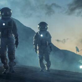 Imagine cu doi astronauți care explorează o planetă extraterestră, cu un vehicul în spate. România a semnat Acordurile Artemis, create de NASA