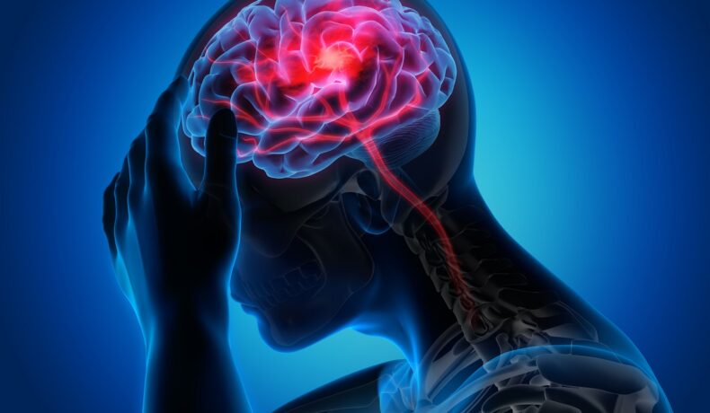 Imagine cu un om cu creier în roșu și albastru pe fundal. Experții au descoperit tunelurile care conectează craniul și creierul