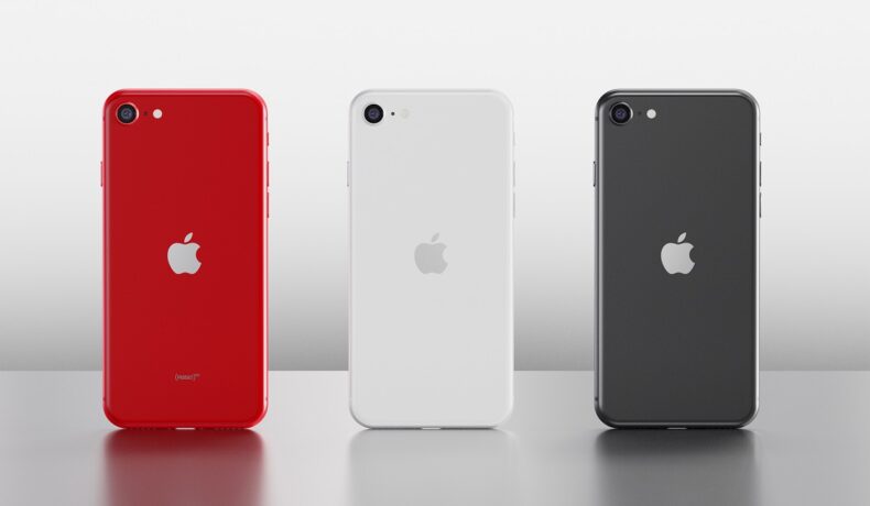 Trei modele de iPhone SE 2020, în culori roșu, negru și alb, pe un fundal gri. Experții au realizat o analiză iPhone SE 2022 versus iPhone SE 2020