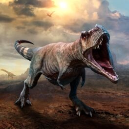 Dinozaur T.Rex, cu nori pe fundal, cu gura deschisă. Un expert a explicat de ce aveau dinozaurii T.Rex brațele atât de mici