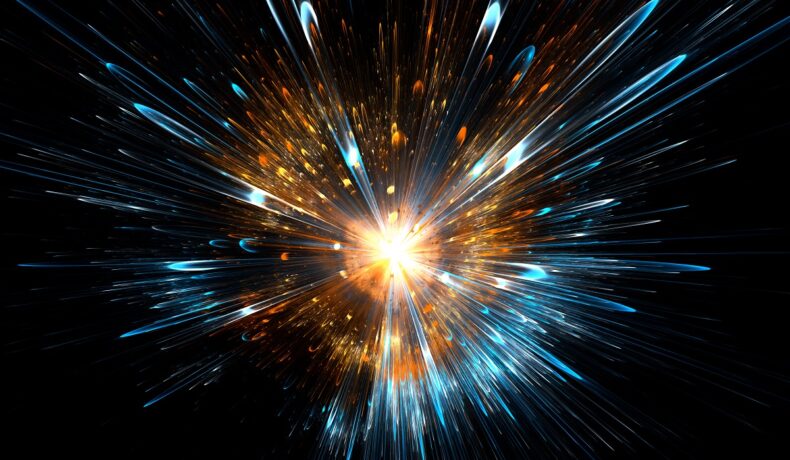 Coliziune de mare viteză între particule în nuanțe de galben, albastru, pe fundal negru. Particula W boson rescrie regulile universului, potrivit experților