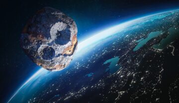Un asteroid imens ce se va apropia de Pământ, pe fundal negru