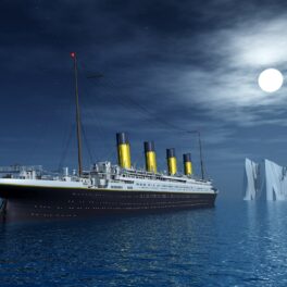 Ilustrație 3D cu nava Titanic și un aisberg, similar cu unde s-a scufundat Titanicul de fapt