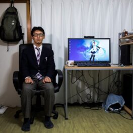 Akihiko Kondo, care sta la birou, cu un ecran cu Hatsune Miku